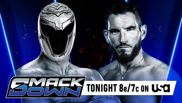 A digital graphic featuring two wrestlers, one wearing a silver mask and the other with a beard, promoting a WWE SmackDown match. The background has a dark gradient with blue highlights and the SmackDown logo prominently displayed.