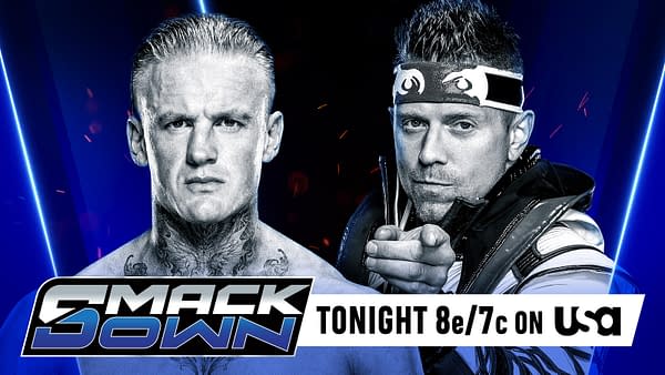 Promotional graphic for WWE SmackDown featuring two wrestlers facing off against a dramatic blue and black background. The text at the bottom announces the show time and network.