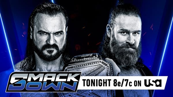 Promotional graphic for WWE SmackDown featuring Drew McIntyre and Sami Zayn. Both wrestlers appear intense, with McIntyre on the left and Zayn on the right, showcasing a championship belt.