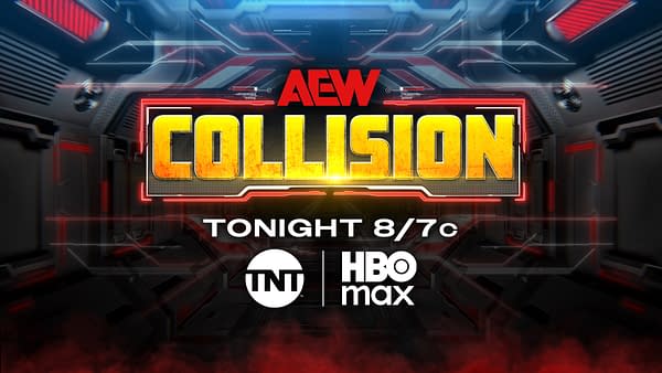 A promotional graphic for AEW Collision, featuring bold yellow text against a futuristic background with red accents and details indicating the broadcast time.