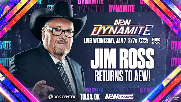 A graphic for AEW Dynamite featuring Jim Ross, who is wearing a black cowboy hat and glasses, and pointing to the viewer. The background includes colorful geometric shapes and text announcing the show details.