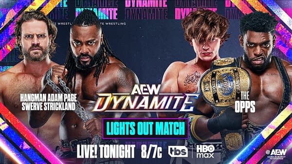 A promotional graphic for AEW Dynamite featuring wrestlers Hangman Adam Page, Swerve Strickland, and the Opps. The match is highlighted as a 'Lights Out Match' with colorful backgrounds and the event details.