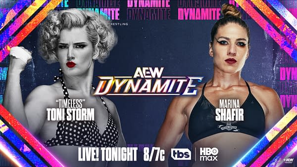 A promotional graphic for AEW Dynamite featuring two female wrestlers: Toni Storm with curly hair and red lipstick, and Marina Shafir with a sleek bun and dramatic eye makeup. The design includes vibrant colors and the event title prominently displayed.