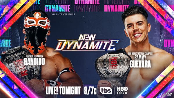 A promotional graphic for AEW Dynamite featuring two wrestlers: Bandido, wearing a mask and a championship belt, and Sammy Guevara, also holding a championship belt and smiling. The background features colorful text and patterns related to the event.
