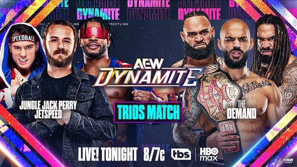 A promotional illustration for AEW Dynamite featuring wrestlers Jungle Jack Perry, Jetspeed, and members of a tag team, standing together with intense expressions. The event is titled 'Trios Match', showcasing the AEW Dynamite logo and broadcast details.