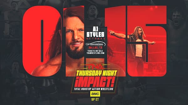 A promotional graphic for a wrestling event featuring AJ Styles. The design includes bold red elements and background images of wrestling matches, announcing his return to TNA on AMC.