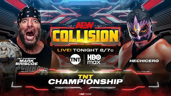 Promotional graphic for AEW Collision featuring TNT Champion Mark Briscoe and Hechicero. Both wrestlers are posed dramatically, with Briscoe in a sleeveless shirt holding his championship belt, and Hechicero wearing a colorful mask and costume.