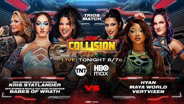 A promotional graphic for an AEW wrestling event features six women wrestlers, three holding championship belts, posed against a colorful background. The text indicates a trios match between two teams, with live airing details at the bottom.