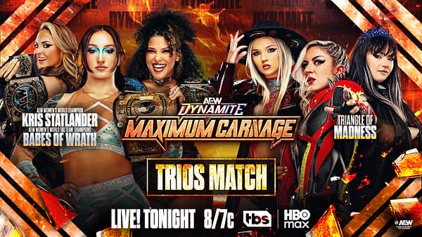 An illustration promoting an upcoming AEW Dynamite wrestling event. Four women wrestlers are featured, with championship belts prominently displayed, set against a fiery background with the event title 'Maximum Carnage'.