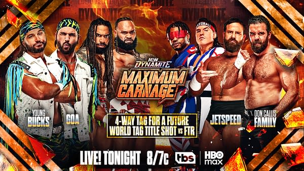 A promotional graphic for AEW Dynamite featuring six wrestlers: the Young Bucks, GOA, Jetspeed, and the Don Callis Family, alongside the event title 'Maximum Carnage'. The background includes fiery orange and black elements with event details.