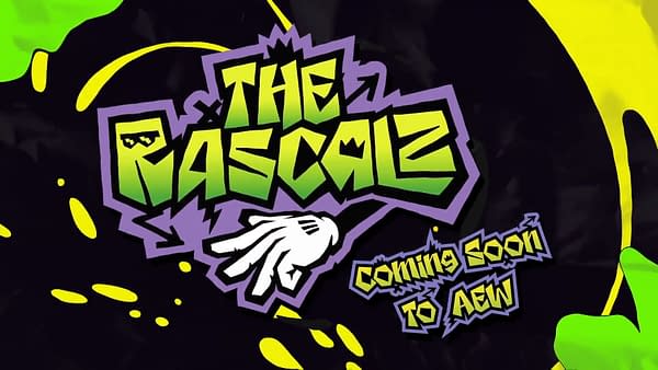 A vibrant logo for 'The Rascalz' featuring bold green and purple lettering, with a white hand graphic, set against a dark background. The design has a playful, energetic style indicating a wrestling theme.