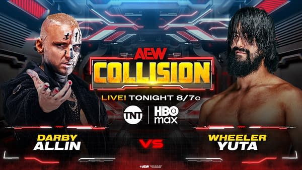 A promotional illustration for AEW Collision featuring two wrestling adversaries, Darby Allin and Wheeler Yuta, set against a futuristic background. The matchup is labeled "LIVE! TONIGHT 8/7c" and includes the TNT and HBO Max logos.