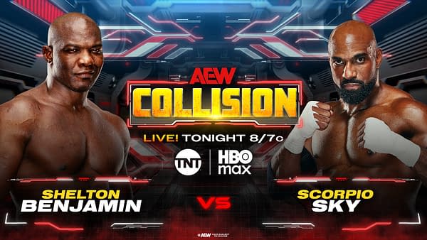 A promotional graphic for the wrestling show AEW Collision, featuring two wrestlers facing off: Shelton Benjamin, a muscular man with a bald head, and Scorpio Sky, a man with a well-groomed beard. The background has a high-tech design with the AEW Collision logo prominently displayed.