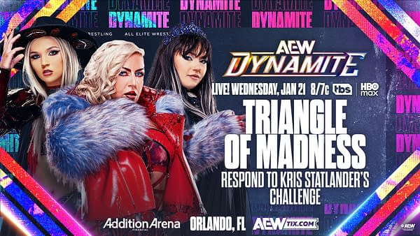 An illustration featuring three women wrestlers posing confidently. They are dressed in colorful wrestling attire, with dramatic makeup and hairstyles, set against a vibrant background with the text 'AEW Dynamite: Triangle of Madness' prominently displayed.