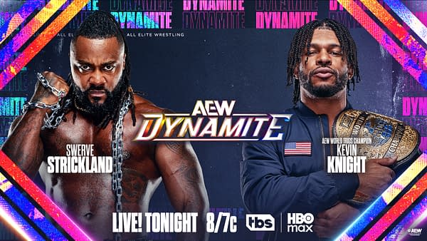 A promotional graphic for AEW Dynamite featuring two wrestlers: Swerve Strickland on the left with a fierce expression and Kevin Knight on the right holding a championship belt. The background includes vibrant graphics and the AEW logo.