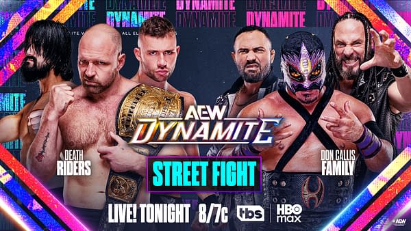 A promotional poster for AEW Dynamite featuring a street fight matchup. The image showcases several wrestlers, including two teams: Death Riders and Don Callis Family, with dramatic graphics and text indicating the event details.
