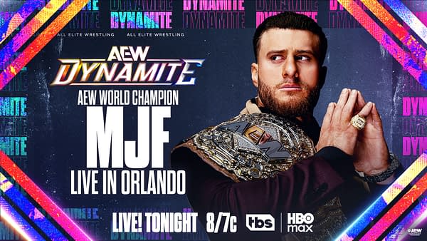 An illustration featuring MJF, the AEW World Champion, in a dramatic pose holding his championship belt. The background displays vibrant colors and the AEW Dynamite logo prominently.