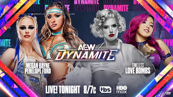 A promotional graphic for AEW Dynamite featuring four female wrestlers: Megan Bayne, Penelope Ford, and two others in vibrant costumes. The background includes colorful text and graphics enhancing the dynamic feel.