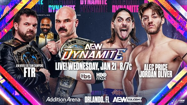 A promotional graphic for AEW Dynamite featuring two tag team champions, FTR, on the left with championship belts, and two wrestlers, Alec Price and Jordan Oliver, on the right. The background features colorful design elements and the event details are prominently displayed.