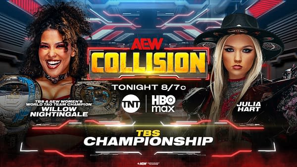 A promotional image featuring two wrestlers for an AEW event. On the left is Willow Nightingale, the TBS and AEW Women's World Tag Team Champion, smiling and holding two championship belts. On the right is Julia Hart, appearing fierce and confident, wearing a black hat with a decorative band and a stylish outfit. The background includes digital elements highlighting the event title 'AEW COLLISION'.