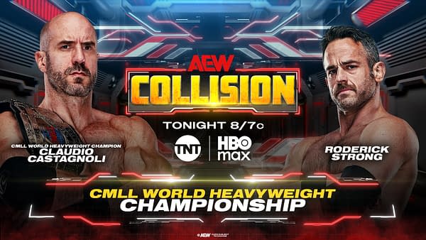 A promotional graphic for AEW Collision featuring two wrestlers, Claudio Castagnoli and Roderick Strong, with highlighted text for the CMLL World Heavyweight Championship match. The background has a futuristic design with red and blue elements.