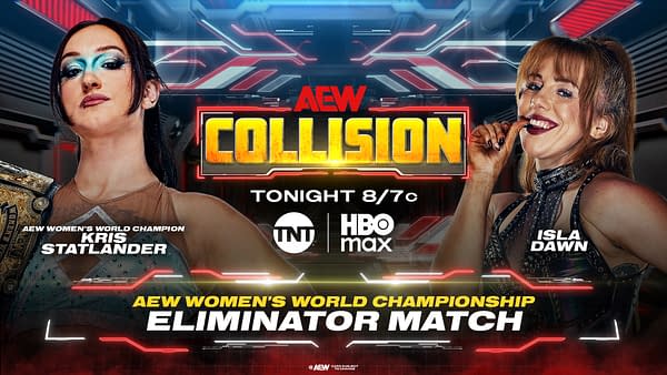 A promotional graphic for AEW Collision features two female wrestlers, Kris Statlander and Isla Dawn. Statlander is displayed with the AEW Women's World Championship belt, while Dawn poses playfully. The background includes an illuminated design and logos for TNT and HBO Max, with event details highlighted prominently.