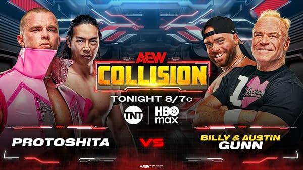 A promotional graphic for AEW Collision featuring two pairs of professional wrestlers. On the left are Protoshita, who is wearing a pink outfit, and another wrestler. On the right are Billy and Austin Gunn, both smiling. The background is colorful and futuristic, highlighting the event details.