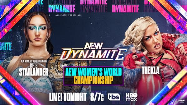 A promotional graphic for AEW Dynamite featuring two female wrestlers. On the left is Kris Statlander, the AEW Women's World Champion, and on the right is Thekla. The background includes colorful graphics with the AEW Dynamite logo and details about tonight's title match.