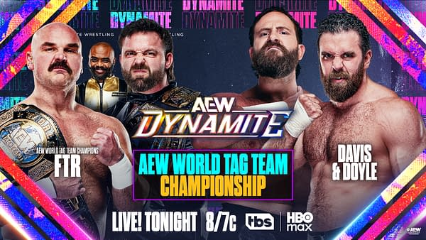 A promotional graphic for AEW Dynamite featuring two tag teams: FTR with championship belts and Davis & Doyle. The background has colorful design elements with the AEW Dynamite logo prominently displayed.