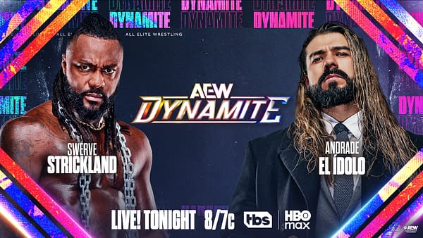 A promotional graphic for AEW Dynamite featuring Swerve Strickland and Andrade El Ídolo. Strickland has a muscular build and long hair, while El Ídolo is dressed in a suit with long hair, both showcasing intense expressions.