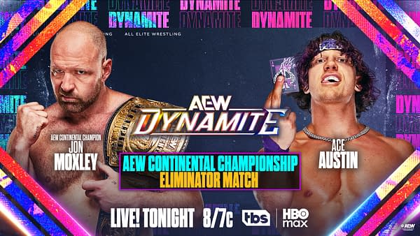 A promotional image for AEW Dynamite featuring wrestlers Jon Moxley and Ace Austin. Moxley holds the AEW Continental Championship and is posed aggressively, while Austin displays a confident smirk.