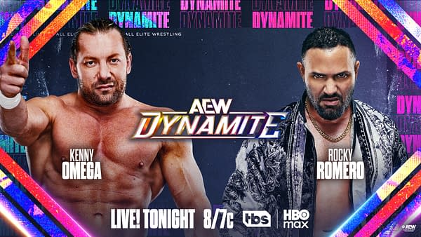 A promotional graphic for AEW Dynamite featuring wrestlers Kenny Omega and Rocky Romero, with bold colorful text and dynamic background elements.