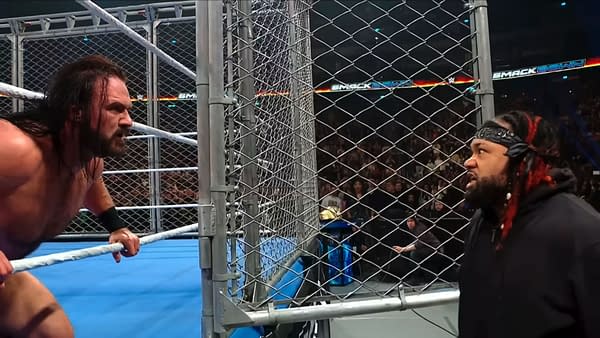 In a wrestling scene, Drew McIntyre is seen leaning against the ropes with a focused expression, while Jacob Fatu stands outside a steel cage, also appearing intense. A championship belt is visible on a table nearby, amidst an engaged audience in the background.