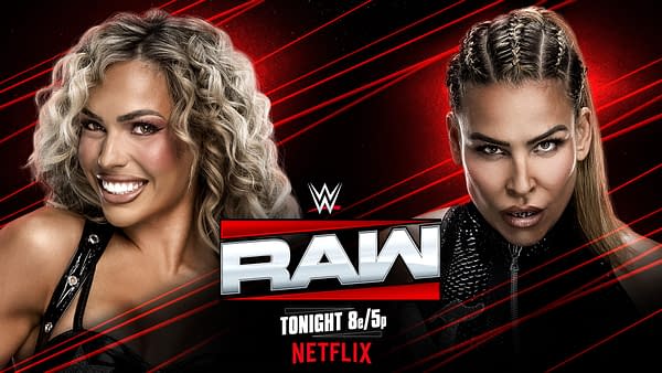 Promotional graphic featuring two women wrestlers, one with curly hair and the other with braided hair, set against a red background with dynamic lines and the WWE Raw logo prominently displayed.