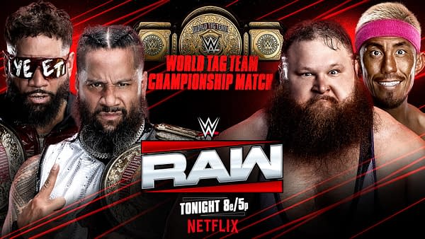 Promotional graphic for a WWE Raw event featuring four wrestlers, two holding championship belts. The text highlights a World Tag Team Championship match tonight.