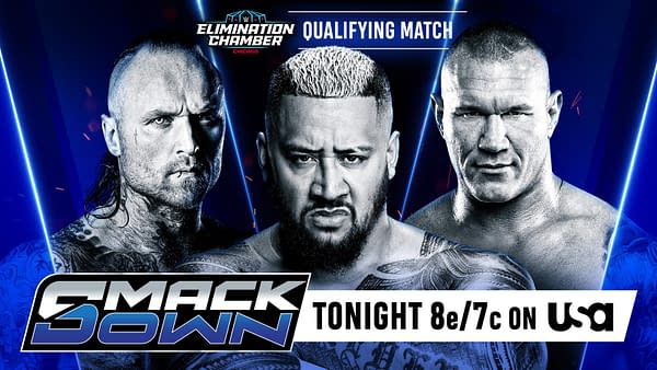 Promotional graphic for a WWE SmackDown qualifying match featuring three male wrestlers with intense expressions, including the logo for SmackDown and details about the event airing tonight.