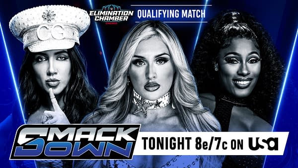 A promotional graphic for WWE SmackDown featuring three female wrestlers, each showcasing distinctive hairstyles and outfits. The background has blue lighting, and the event details are prominent, emphasizing the match is a qualifying event for Elimination Chamber.