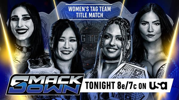 A promotional graphic for a WWE SmackDown women's tag team title match featuring four wrestlers, with championship belts and a dark backdrop highlighted by blue and yellow lights.