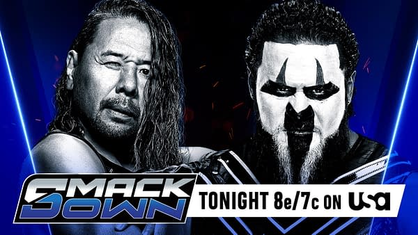 A promotional graphic for WWE SmackDown features two wrestlers, one with long hair and the other with distinctive face paint. The graphic includes text indicating the showtime tonight at 8e/7c on USA Network.