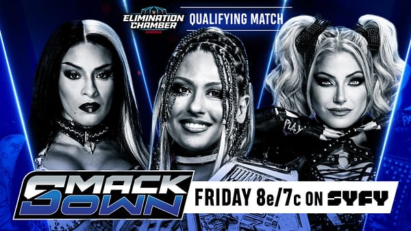 A promotional graphic for a WWE SmackDown Elimination Chamber qualifying match featuring three female wrestlers, each with distinct hairstyles and expressions. The background includes blue lighting and the Elimination Chamber logo.