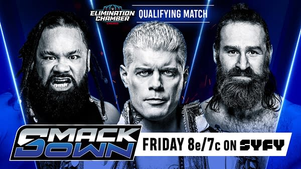 Promotional graphic for a WWE SmackDown qualifying match featuring three wrestlers: Cody, Fatu, and Sami, with the Elimination Chamber logo in the background. The image is highlighted with blue lighting effects and includes the show's airtime details.