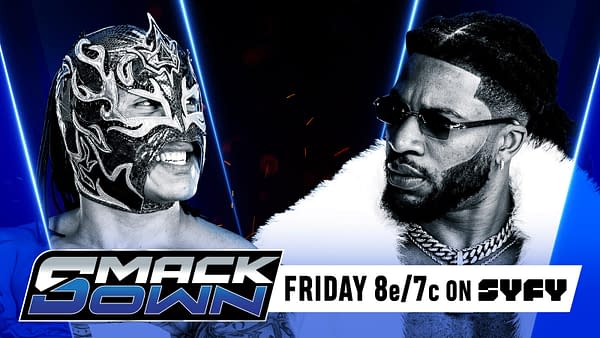 A wrestler wearing a decorated mask and a vibrant outfit faces off against another wrestler in a stylish outfit, showcasing their intense expressions. The image features bright blue lights in the background and includes the SmackDown logo along with the broadcast time.