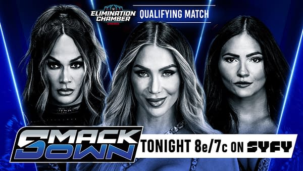 A promotional graphic for WWE SmackDown features three female wrestlers, each with distinct hairstyles and expressions. The background consists of blue light effects, and the text highlights the event details including the title 'SmackDown' and the time 'Tonight 8e/7c on SYFY.'