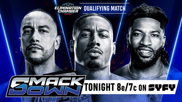 A promotional graphic for WWE SmackDown featuring three wrestlers in serious poses, highlighting tonight's Elimination Chamber qualifying match. The logo for Elimination Chamber is displayed in the corner with date and time details included.