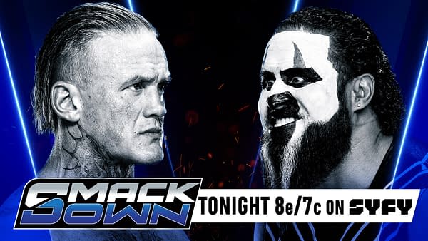 A dramatic promotional graphic for WWE SmackDown featuring two wrestlers facing off. The individual on the left has a shaved haircut and appears intense, while the wrestler on the right has a painted face and a broad smile, suggesting a playful yet fierce demeanor.