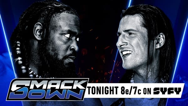 A graphic featuring two wrestlers facing off, with one wearing beads and a serious expression, and the other smiling confidently. The background is vibrant with blue and red lighting effects, and the 'SmackDown' logo prominently displayed below.