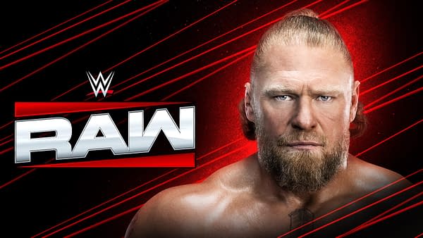 A promotional image for WWE Raw featuring a close-up of a muscular man with a beard and a ponytail, against a red and black background with dynamic graphics. The WWE logo and "RAW" are prominently displayed.