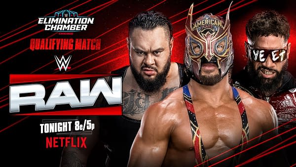 A promotional graphic for WWE Raw featuring three wrestlers, with a red and black background. The text announces a qualifying match for the Elimination Chamber, airing tonight on Netflix.