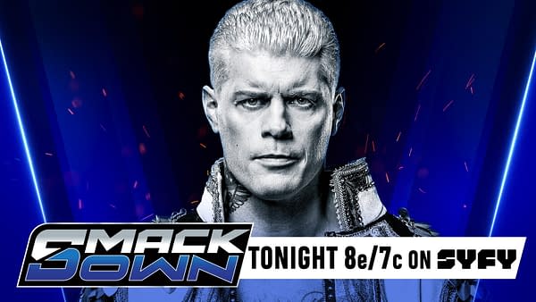 A WWE promotional graphic features a close-up of a determined male wrestler with short, slicked-back hair, showcasing his intense expression against a dramatic blue background. The image includes promotional text for SmackDown airing tonight at 8e/7c on SYFY.