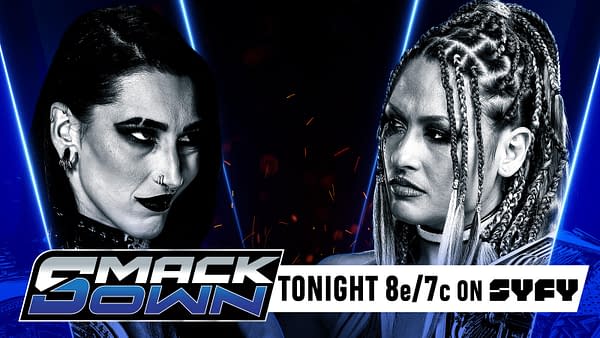 Two wrestlers face off against each other, with intense expressions. The image is designed for a promotional event featuring WWE SmackDown, highlighting a match tonight.